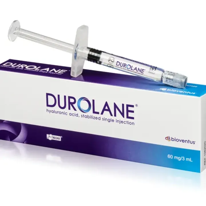 Boîte de l'injection Durolane (Bioventus), seringue en verre préremplie de 3,0 mL, acide hyaluronique NASHA pour injection intra-articulaire