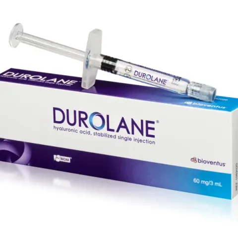 Boîte de l'injection Durolane (Bioventus), seringue en verre préremplie de 3,0 mL, acide hyaluronique NASHA pour injection intra-articulaire